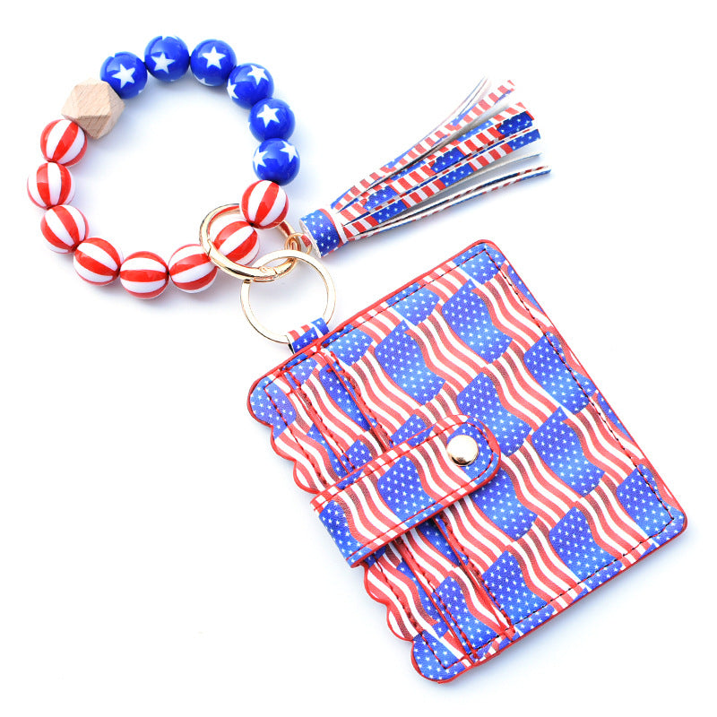 Wholesale American Independence Day PU Card Holder Ladies Coin Purse Wrist Keychain